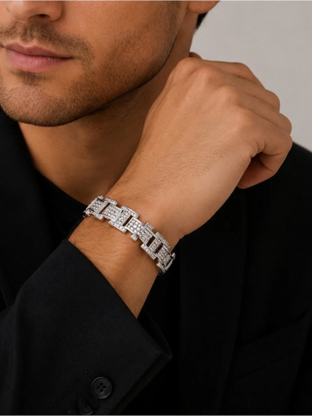 Men's Rhodium Plated 925 Sterling Silver Link CZ Studded 20mm Bracelet 9 inches